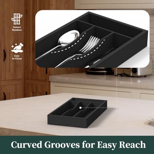 Small Silverware Organizer, Bamboo Kitchen Drawer Organizer, Utensil Holder, Cutlery Tray & Spoon Flatware Storage with Grooved Drawer Dividers (Black, 6.7''W x 12''D) - color: Black, size: 6.7''W x 12''D
