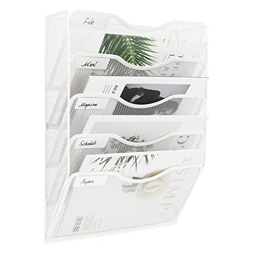 EasyPAG Wall File Organizer 5 Tier Hanging Paper Folder Holder, Zero Assembly Metal Mesh Wall Mounted Mail Organizer for Office Home Classroom Narrow Spaces, White - color: White, size: 5 Tier