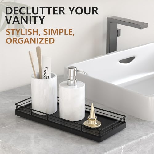 Bathroom Tray for Counter Top Organizer – Oak Wood Vanity Tray with Metal Frame for Dresser, Kitchen, Nightstand – Black Decorative Storage - color: Black, size: 11" x 4.5" x 1.5"