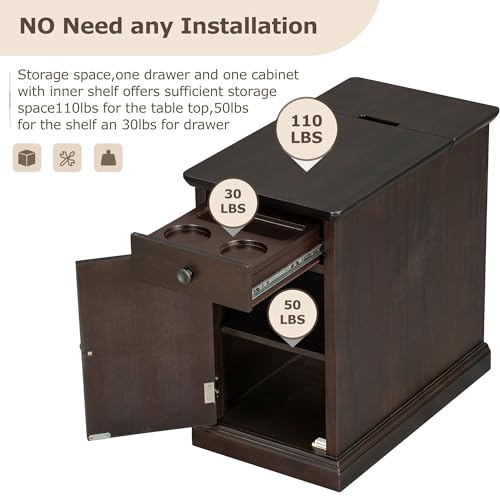 Multifunctional Classic Vintage End Table with USB Ports and 1 Drawer with Cup Holders, Sofa Side Narrow Table, Bedside Nightstand for Living Room Bedroom (Antique Espresso) - color: Antique Espresso