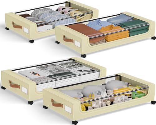 GoMaihe Under Bed Storage with Wheels:48L Underbed Storage Containers with Lids - Rolling Bins for Shoes Clothes in Dorm Bedroom - Metal Drawers Easy Pull-out Beige 4-Pack - color: Beige, size: Large(4Pack)