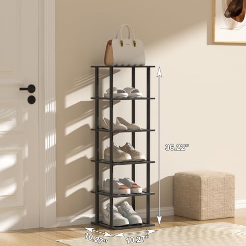 SHIISEWE Bamboo Shoe Rack for Small Spaces 6 Tier Tall Vertical Narrow Rack for Closet Stackable Shoe Holder, Black Stand for Entryway Storage Shoe Organizer - color: Black