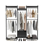 Wall-Mounted Steel & Wood Closet Organizer System with 4 Adjustable Shelves, 5 Hanging Rods, and 2 Drawers – Modern Open Wardrobe, Black - color: BC03-black