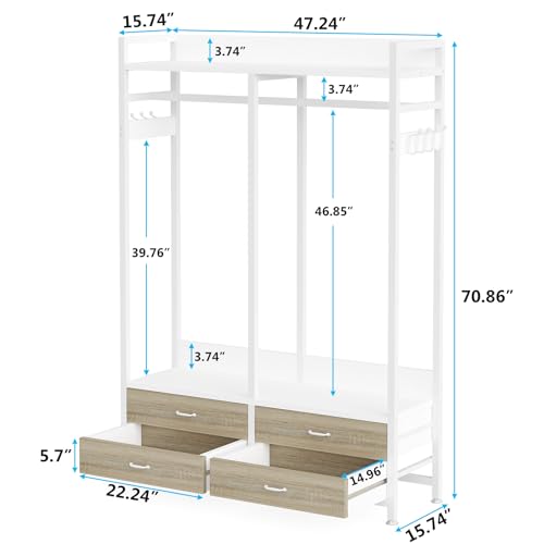Tribesigns Freestanding Closet Organizer for Hanging Clothes, Heavy Duty Garment Rack with 4 Drawers, 8 Hooks and Storage Shelves, Wardrobe Closet Clothing Rack for Bedroom, Living Room, White Walnut - color: White Walnut