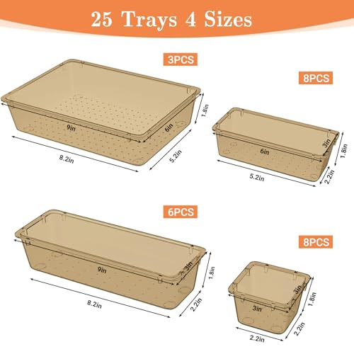 SpaceHacks 25 PCS Plastic Drawer Organizer Set, 4-Size Versatile Organizer Trays & Storage Bins for Makeup, Jewelry, and Gadgets in Bathroom, Bedroom and Office,Champagne - color: Champagne