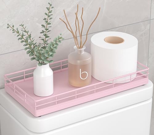 Toilet Paper Basket Organizer – Oak Wood Toilet Tank Tray with Metal Frame, Bathroom Counter Top Storage for Toilet Paper, Wipes & Decor, Modern Narrow Back of Tank Shelf Organizer, Pink - color: Pink, size: 13" x 6.5" x 2"