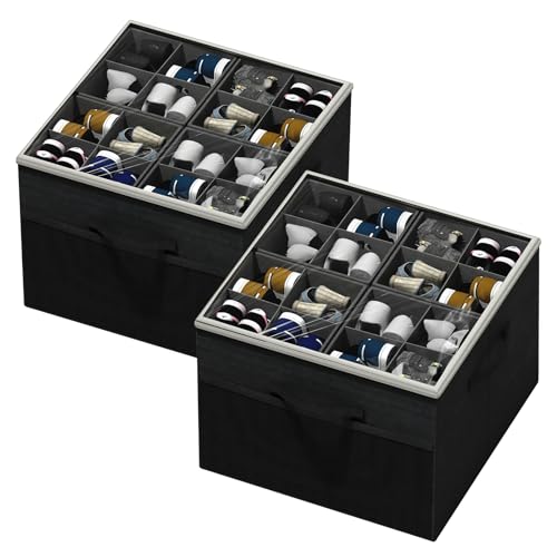 Aokeyee Shoe Organizer for Closet,2 Pack Foldable Shoe Storage Organizer Box Bin with Adjustable Dividers and Clear Cover, Fits up to 16-32 Pairs - color: Black, size: 2 PCS
