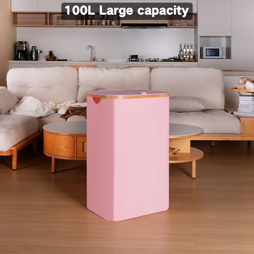 100L Laundry Hamper with Lid, Lagre Basket with Bamboo Handles,Foldable Clothes Hamper Tall Dirty Laundry Basket for Clothes Toys Towels Organizing,Pink - color: Pink, size: 100L with lid