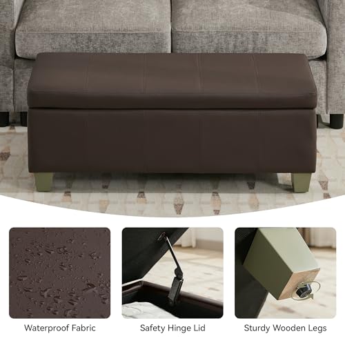 WUTUTUEE 41" Faux Leather Storage Ottoman, Stitch Tufted Rectangle Upholstered End of Bed Storage Bench, Entryway Large Couch Ottoman with Wooden Legs,Brown - color: Brown, size: 41 Inch