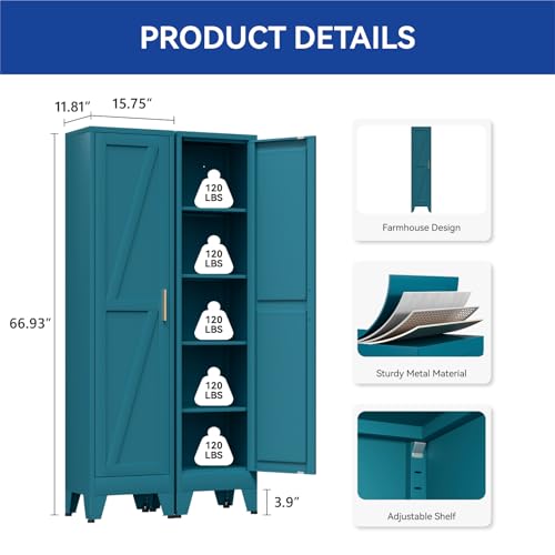 COFaR 67'' Tall Slim Bathroom Storage Cabinet, Metal Narrow Pantry Cabinet with 4 Adjustable Shelves and One Door, Skinny Cabinet Storage for Kitchen Laundry, Peacock Blue Farmhouse 5 Tiers - color: Peacock Blue, size: 67 Tall 1 Door