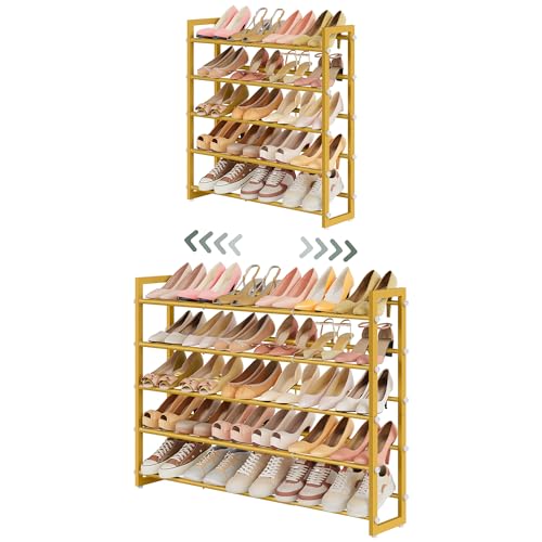 FAVOOSTY 3-Tier Expandable Shoe Rack, Adjustable Shoe Shelf Storage Organizer Space Saving Metal Free Standing Shoe Rack for Entryway Closet Doorway, Silver Grey (Gold, 5 Tier) - color: Gold, size: 5 Tier