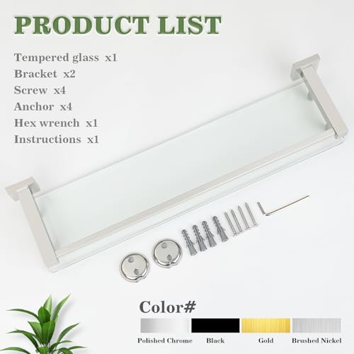 Alise Bathroom Shelves,Brushed Nickel Glass Shelf for Bathroom, Modern Floating Shelves,20 inch - color: Brushed Nickel, size: 20 Inch