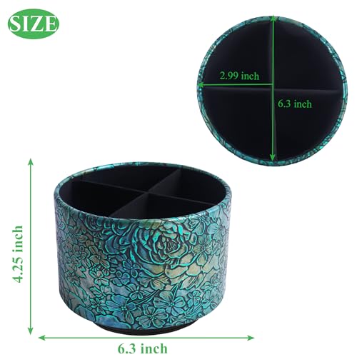 Round Leather Art Supply Organizer,Remote Control Holder,360 Degree Spinning,Multi-Functional Pencil Holder,4 Compartments Desktop Stationary Organizer(1-Rich Flower Green) - color: 1-Rich Flower Green1