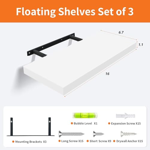 Upassion White Floating Shelves - Set of 3, 16" Wall Mounted Shelves for Home Decor, Living Room, Bedroom, Bathroom, Kitchen - color: White, size: 16 Inch