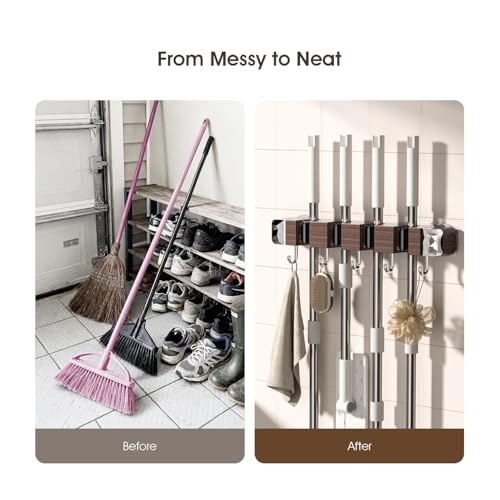 Suction Cup No Drilling Broom Holder Wall Mount, Walnut Color Mop Organizer Wall Hanging, 4 Racks 5 Hooks Tool Organizer Hanger Self Adhesive for Home, Garage, Garden, Laundry, Kitchen