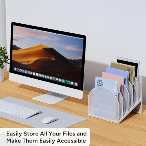 5-Section Desk File Organizer, Metal Mesh Folder Organizer for Documents, Mail & Office Papers (White) - color: White