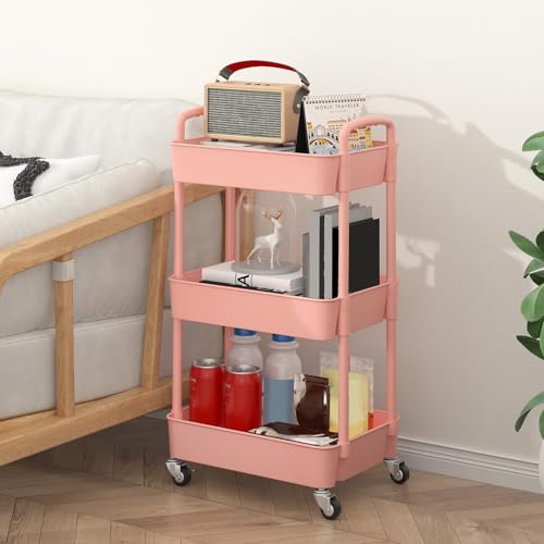 Sywhitta 3-Tier Plastic Rolling Utility Cart with Handle, Multi-Functional Storage Trolley for Office, Living Room, Kitchen, Movable Storage Organizer with Wheels, Pink - color: Pink, size: 3-tier