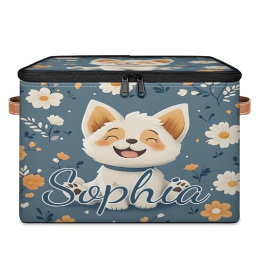 Custom Storage Basket with Name, Personalized Storage Bins with Zipper Lid, Foldable Fabric Storage Box Large capacity with Handle Flower Dog - color: Option 11