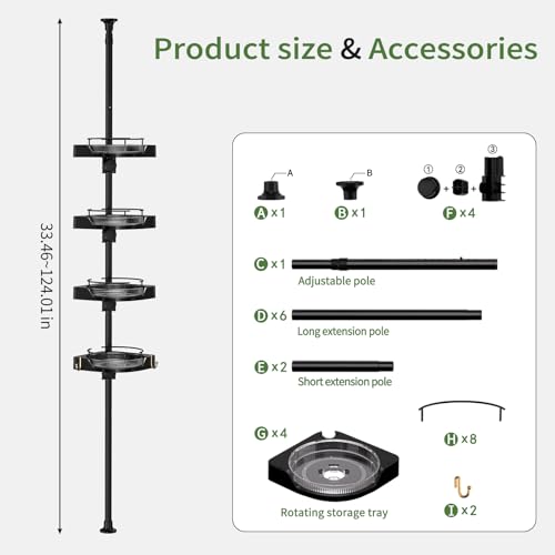 360° Rotating Shower Caddy Tension Pole, 4 Tiers Corner Shower Organizer for Bathroom Shelf Bathtub, Adjustable Standing Shower Rack Bathroom Accessories, Easily Assemble, 34-124 Inch Height, Black - color: Black, size: 4tiers