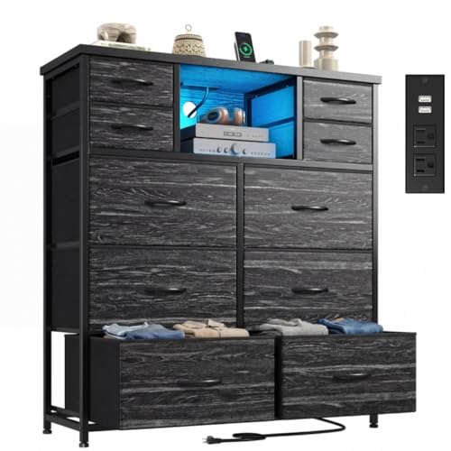 DurayLoly Dresser for Bedroom with 10 Fabric Drawers, Organizer Unit with LED Light & Charging Station, Sturdy Chest of Drawers with 2 Open Wooden Shelves for Hallway, Living Room, Dormitory (Black) - color: Black
