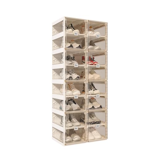 ANTBOX Foldable Shoe Rack,Shoe Organizers for Closet Plastic Shoe Storage Box for Entryway,Living Room,Large Sturdy Stackable Sneaker Cabinet Bins with Magnetic Clear Door 8 Tiers 16 Pairs - color: Brown, size: 8 Tiers 16 Pairs