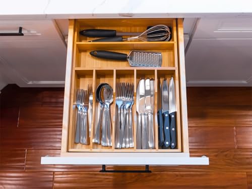 Umilife Kitchen Drawer Organizer, 12.5 Inch Silverware Utensil Tray Holder, Extra Deep, with Non-Slip Feet & Grooved Drawer Divider, 7 Slots Total Bamboo Wood Caddy for Flatware Cutlery Knives - size: 12.5 x 16.5 inch (7 Slots)