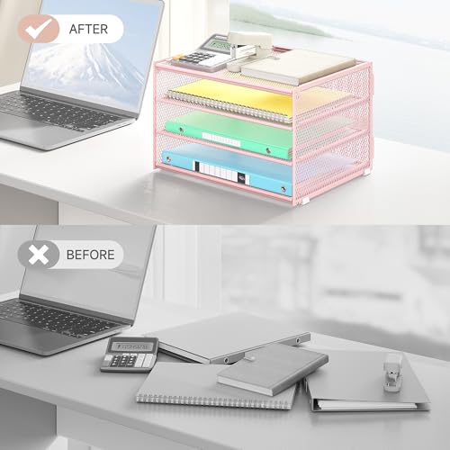 Lavatino 3-Tier Letter Tray Desk Paper Organizer – Pink Mesh Metal File Tray Organizer for Desk, Office Supplies & Home Organization | Fits A4/Letter Paper, Mail, Magazines and Office Accessories - color: 4-tier No Handle - Pink