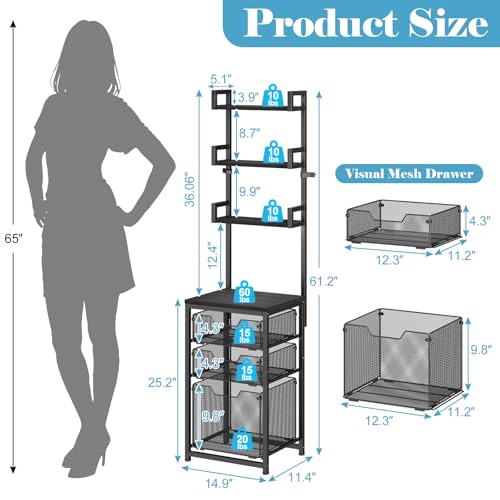 Sbanmao 3-Drawer File Cabinet with 3 Shelves, 61" Tall Vertical Filing Cabinet for Home Office, Metal Mesh Drawers with Small Printer Stand, Fit for Letter Files, Black - color: Black, size: 3 Shelves+3 Drawers