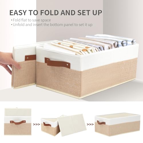 Closet Organizer Bins 3 Pack, Large Storage Bins for Shelves, Foldable Closet Storage Boxes Baskets with Leather Handles for Organizing Clothes, Sheets, Jeans, Toys, Books（Begie） - style: 3 Pack Begie & White