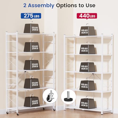 ALANNG 40" W Foldable 5-Tier Storage Shelves with Wheels, Adjustable & Removable Metal Rack, Heavy Duty Rolling Organizer for Kitchen, Garage, Closet, Pantry, and Office (White,1 Pack) - color: White