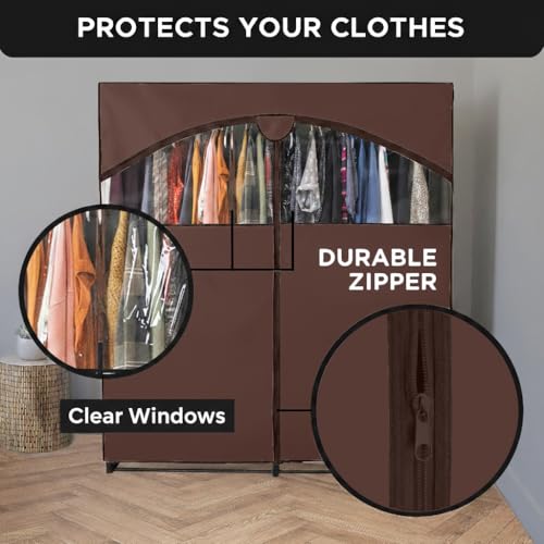HOLDN’ STORAGE Portable Wardrobe Closet - 65 lb Large Capacity, Internal Heavy Duty Metal Rod, Zipper & Clear Window, Durable Clothes Organizer, Tool-Free Easy Assembly, Brown Canvas Cover - color: Brown, size: Large