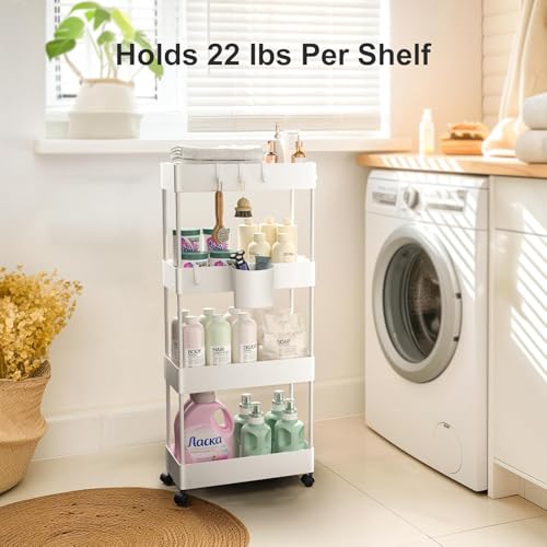 Pipishell Slim Storage Cart with Wheels, 4 Tier Bathroom Storage Organizer Rolling Utility Cart for Bathroom Kitchen Laundry Room Office Narrow Place (White) - color: White, size: 4-Tier