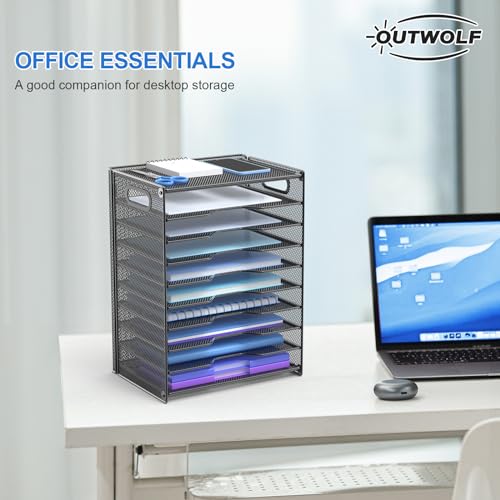 OUTWOLF 10 Tier Paper Organizer - Letter Tray Mesh Desk File Organizer with Handles for Office School Desktop, Black - color: Black