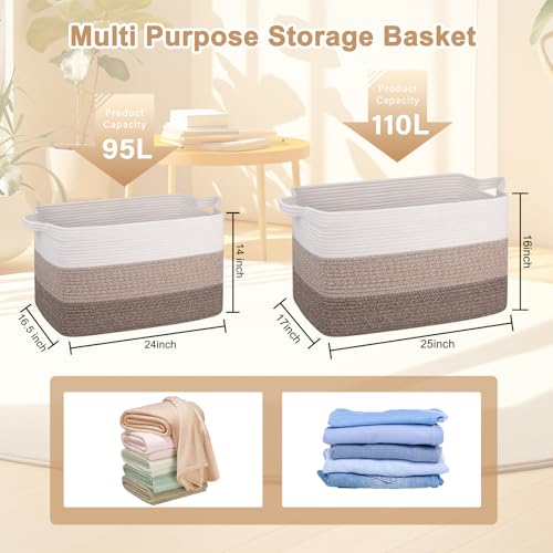 OIAHOMY Extra Large Blanket Basket, 110L Cotton Rope Woven Laundry Basket, Toy Bin for Baby Room, Container for Blanket Storage in Living Room, 24.8''×17.3''×15.8'', Gradient Brown - color: Gradient Brown, size: 110L