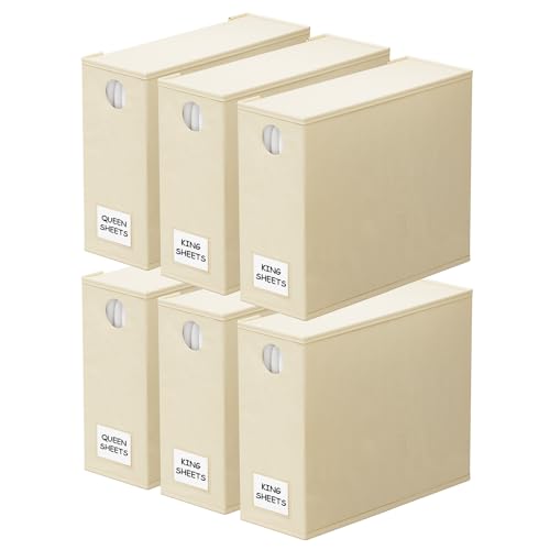 SpaceAid 6 Pack Bed Sheet Organizers and Storage, Foldable Sheet Organizer for Linen Closet, Sheets Set Folder Keeper with Window XL (Queen & King Size) Bedding Container (Beige, 6 Pack) - color: Beige, size: 6 Pack