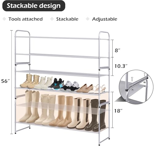 MISSLO 2 Tier Long Shoe Rack for Closet Shoe Organizer Holds 18-Pairs, Wide Low Stackable Shoe Storage Shelf for Bedroom Floor, Men Boots, Women Heels, Kids Sneakers (Grey) - color: Grey, size: 2 Tier