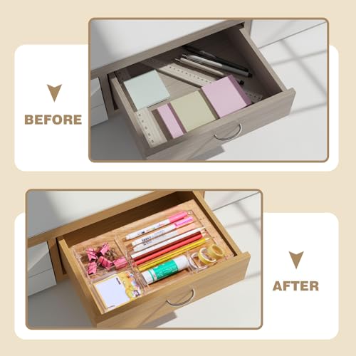 Briwooody Clear Acrylic Desk Drawer Organizer 11 x 6.1 x 1.38 Inch Storage Tray Organizer for Pens, Stationery, Desktop, Office, Bathroom, Kitchen, Makeup Supplies (6 Compartments) - color: Transparent, size: 11 x 6.1 x 1.38 Inch, style: 6 Compartments