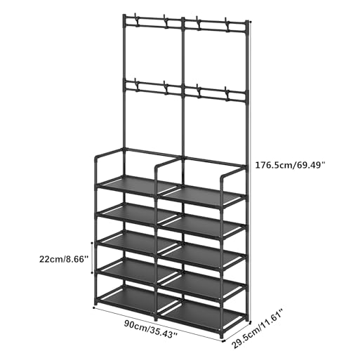 UDEAR 5-Tier Coat and Shoe Rack, Entryway Coat Rack with 8 Hooks, Double Row Shoes Organizer for Living Room, Bedroom, Office, Black