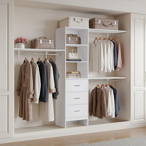 VEVOR Closet System with 3 Drawers, Adjustable Height Wooden Closet Organizers, Modern Walk-in Wardrobe Organization with 3 Retractable Clothes Hanger Rods, Freestanding Garment Rack Storage, White - color: White, style: 3 Clothes Hanger Rods with Support