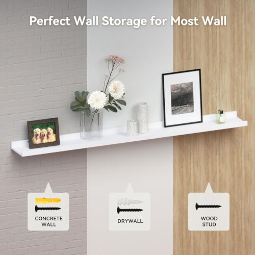 Boswillon 55.1 Inches Long Floating Shelves, 2 Set Rustic Wall Shelf for Bedroom, Nursery Book Shelf with Lip, Picture Ledge Shelf for Living Room, Bathroom, Kitchen - White - color: White, size: 55.1 In