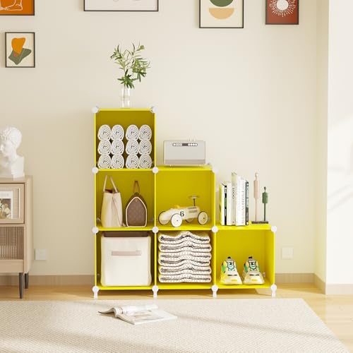 AWTATOS Cube Storage Organizer, 6 Cube Closet Organizers and Storage, DIY Stackable Bookshelf Plastic Clothes Organizer Shelving for Bedroom, Home, Yellow - color: Yellow