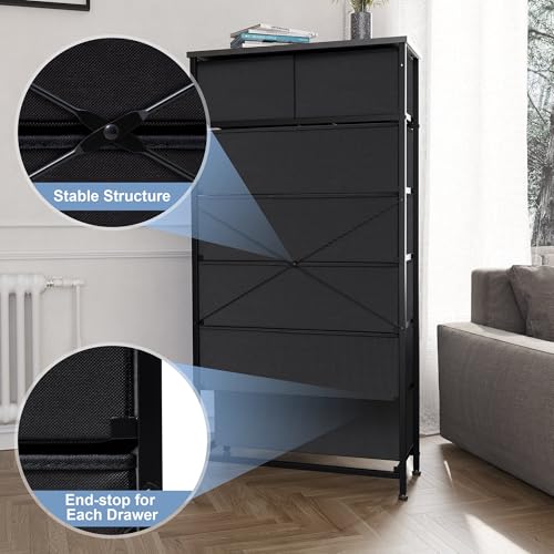 Crestlive Products Vertical Dresser Storage Tower - Sturdy Steel Frame, Wood Top, Easy Pull Fabric Bins, Handles - Organizer Unit for Bedroom, Hallway, Entryway, Closets - 7 Drawers (Black) - color: Black, style: 7 Drawers