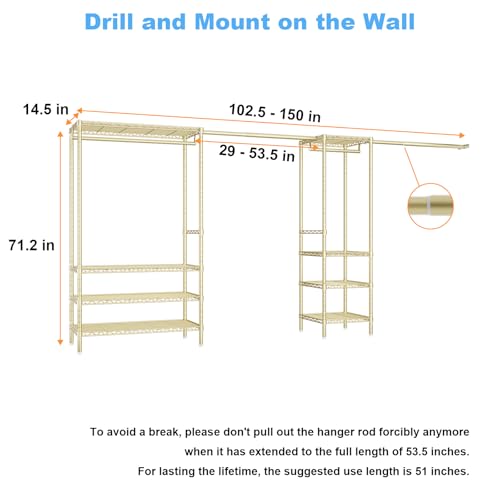 Ulif E11 Heavy-Duty Garment Rack, Metal Freestanding Clothes Rack and Closet Storage Organizer System with 8 Shelves and 4 Hanger Rods, (73.2-97.6)" W x 14.5" D x 71.2" H, Load 1034 LBS, Gold - color: Gold