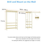 Ulif E11 Heavy-Duty Garment Rack, Metal Freestanding Clothes Rack and Closet Storage Organizer System with 8 Shelves and 4 Hanger Rods, (73.2-97.6)" W x 14.5" D x 71.2" H, Load 1034 LBS, Gold - color: Gold