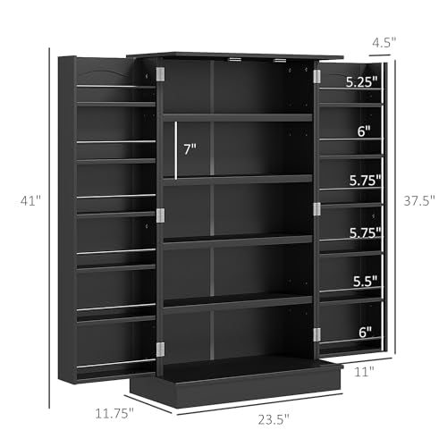 HOMCOM 41" Kitchen Pantry Storage Cabinet, Freestanding Kitchen Cabinet with 12 Door Shelves, Double Doors, 5-Tier Shelving and Adjustable Shelves, Black - color: Black, size: 41"H