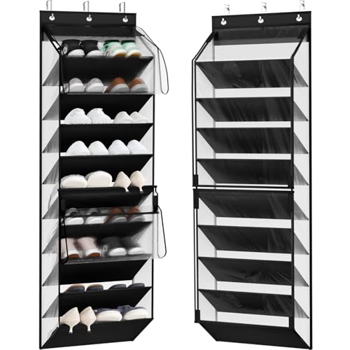 WERNNSAI Over the Door Shoe Organizer with Clear Curtain Dustproof, 9-Shelf Shoe Rack, Deep Pockets Large Hanging Shoes Rack for Closet Door Dorm Bedroom Guest Room Black