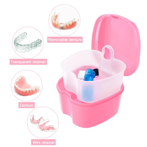 Keedolla Denture Cleaning Case Orthodontic Dental Retainer Container,Denture Holder Case Retainer Soaking Cups for Travel, Camping, Office - Pink - color: Pink