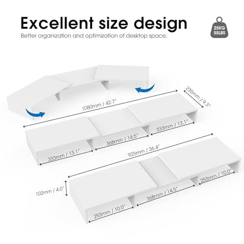 FITUEYES Dual Monitor Stand – 3 Shelf Computer Monitor Riser, Wood Desktop Stand with Adjustable Length and Angle, Desk Accessories, Office Supplies Medium White, DT108008WW - color: White