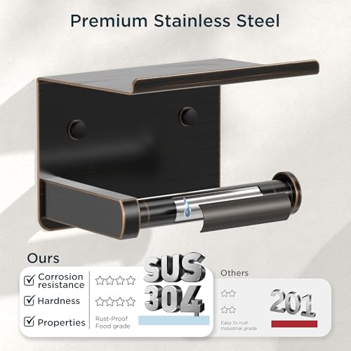 FORIOUS Toilet Paper Holder with Shelf, Adhesive or Screw Wall Mount Toilet Paper Roll Holder for Bathroom, SUS 304 Stainless Steel Commercial Toilet Tissue Holder Dispenser, Oil Rubbed Bronze - color: Oil Rubbed Bronze
