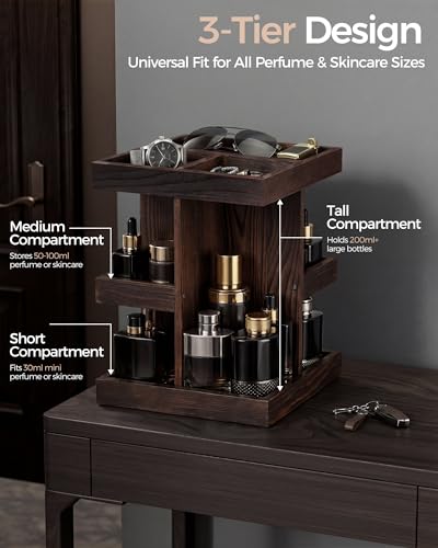 ProCase 3-Tier 360° Rotating Cologne Organizer for men, Large Capacity Wooden Countertop Display Rack for Bathroom & Dresser, Space-Saving Vanity Tray for Perfume & Skincare, Gifts for Him (Brown) - color: Brown